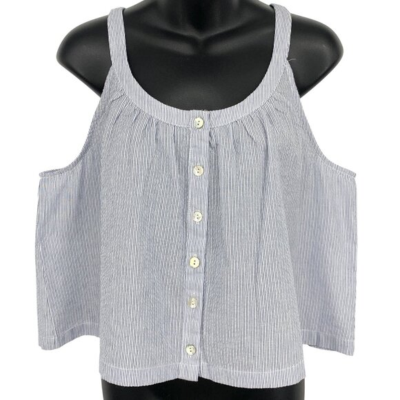 Allie Rose Women Medium Stripe Sleeveless Button Scoop Top Blouse Linen New - Picture 1 of 9